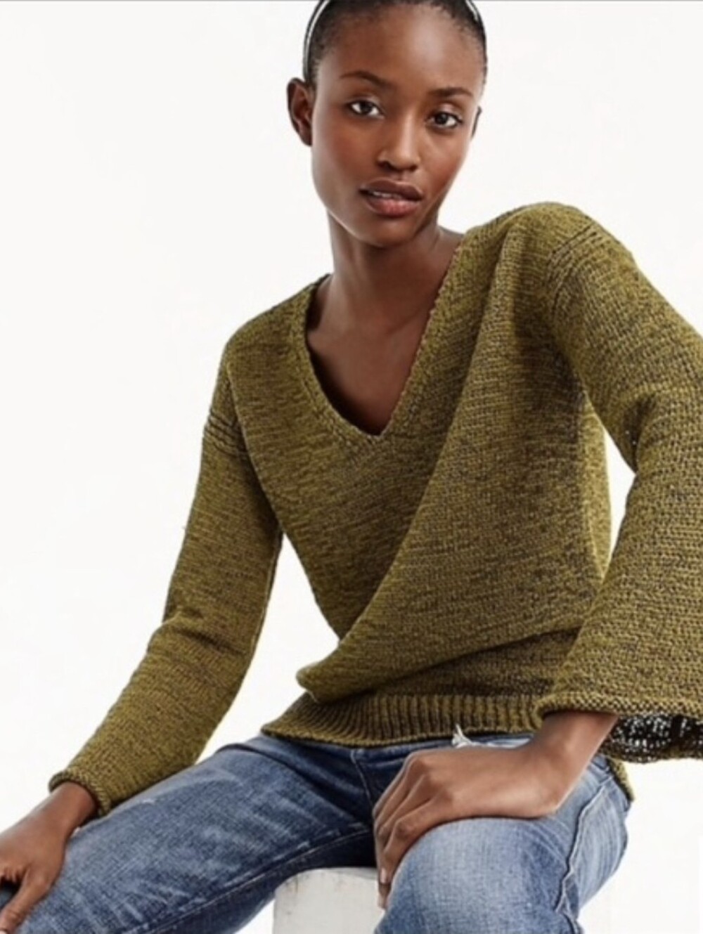 J Crew Olive Green Open-knit Bell sleeve V-neck Sweater - Tagged XXS